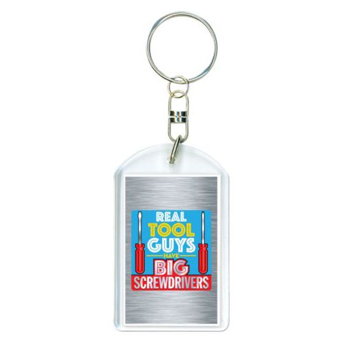 Personalized plastic keychain personalized with steel industrial pattern and the saying "Real tool guys have big screwdrivers"