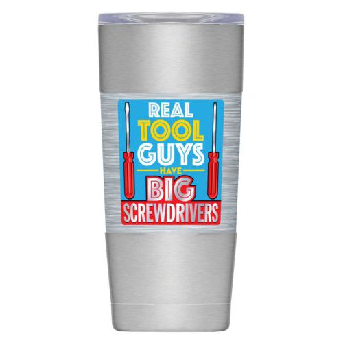 Personalized insulated steel mug personalized with steel industrial pattern and the saying "Real tool guys have big screwdrivers"