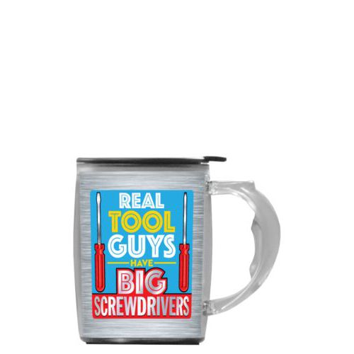 Custom mug with handle personalized with steel industrial pattern and the saying "Real tool guys have big screwdrivers"