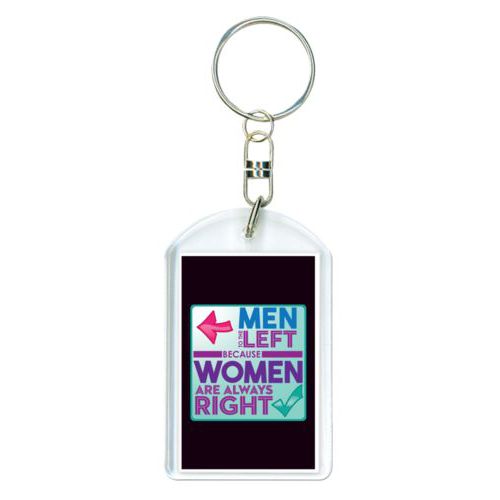 Personalized plastic keychain personalized with the saying "Men to the left because women are always right"