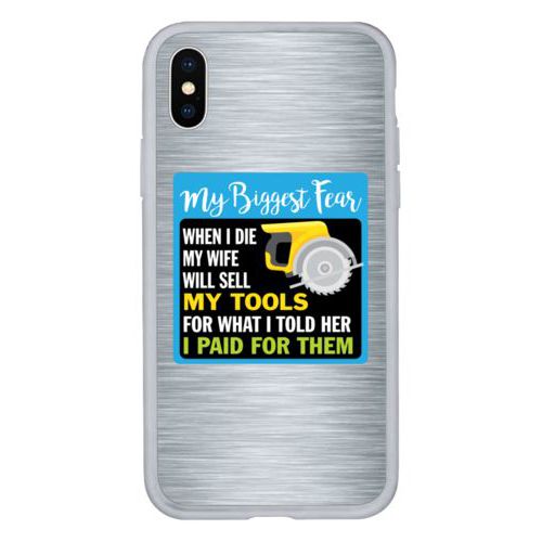 Personalized iphone case personalized with steel industrial pattern and the saying "My biggest fear, when I die my wife will sell my tools for what I told her I paid for them"