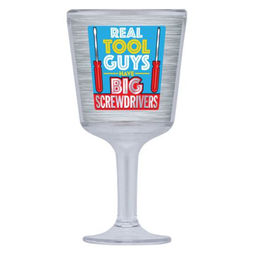 Personalized wine cup with straw personalized with steel industrial pattern and the saying "Real tool guys have big screwdrivers"