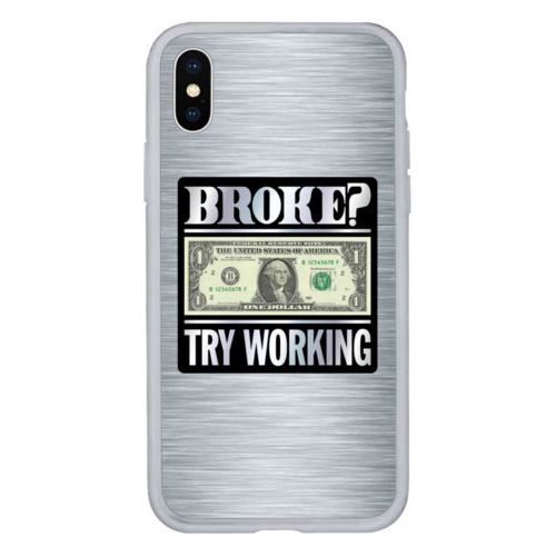 Personalized iphone case personalized with steel industrial pattern and the saying "Broke? Try working"