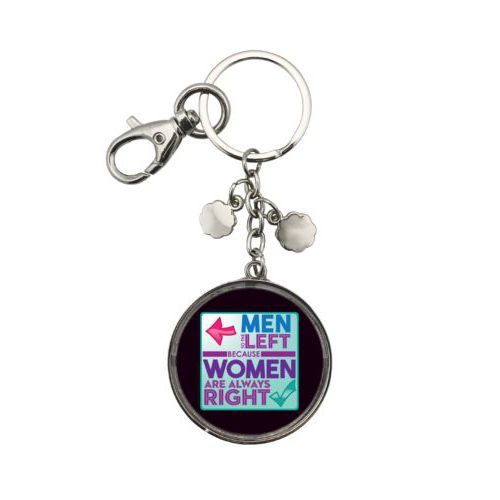 Personalized metal keychain personalized with the saying "Men to the left because women are always right"