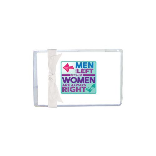 Personalized enclosure cards personalized with the saying "Men to the left because women are always right"