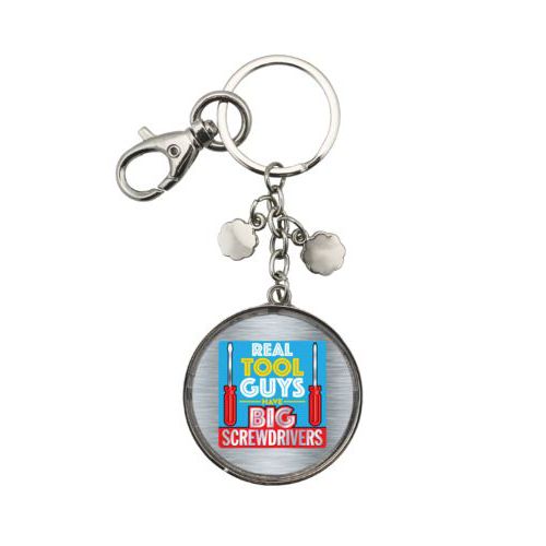 Personalized metal keychain personalized with steel industrial pattern and the saying "Real tool guys have big screwdrivers"