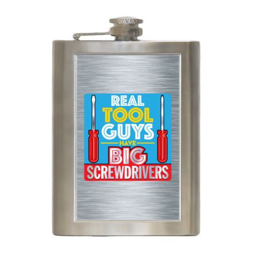Personalized 8oz flask personalized with steel industrial pattern and the saying "Real tool guys have big screwdrivers"