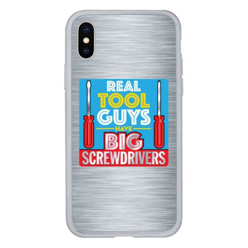 Personalized iphone case personalized with steel industrial pattern and the saying "Real tool guys have big screwdrivers"
