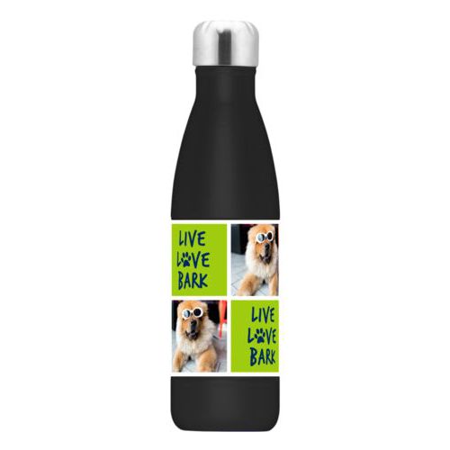 Personalized stainless steel water bottle personalized with a photo and the saying "Live love bark" in navy blue and juicy green