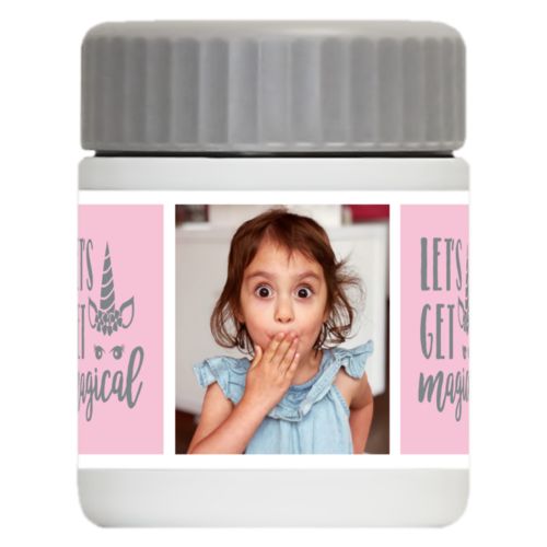 Personalized 12oz food jar personalized with a photo and the saying "let's get magical" in silver and rosy cheeks pink