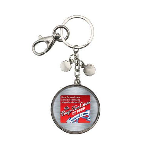 Personalized keychain personalized with steel industrial pattern and the saying "How do you know a man is thinking about his future?"