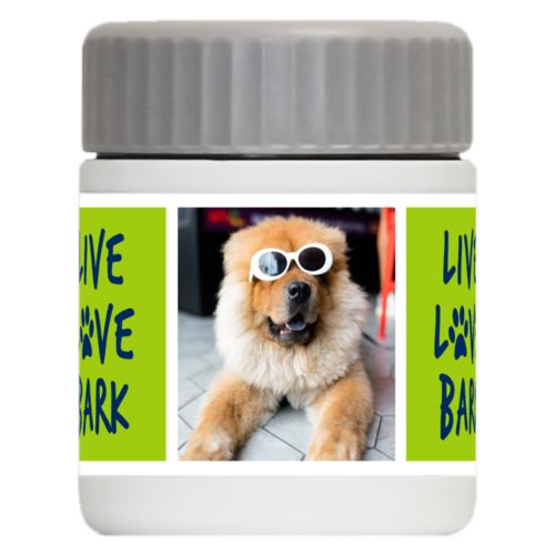 Personalized 12oz food jar personalized with a photo and the saying "Live love bark" in navy blue and juicy green