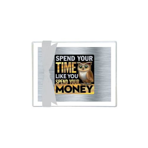 Personalized note cards personalized with steel industrial pattern and the saying "Spend your time like you spend your money"
