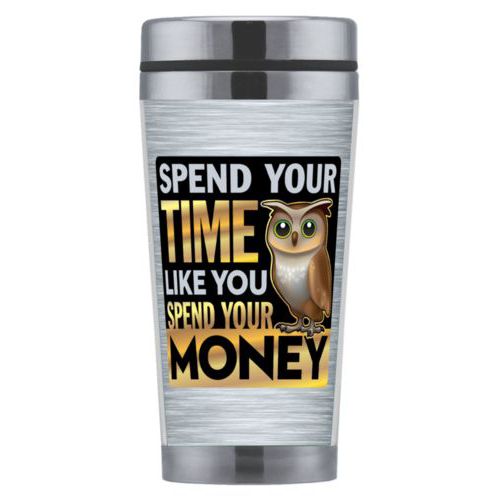 Personalized coffee mug personalized with steel industrial pattern and the saying "Spend your time like you spend your money"