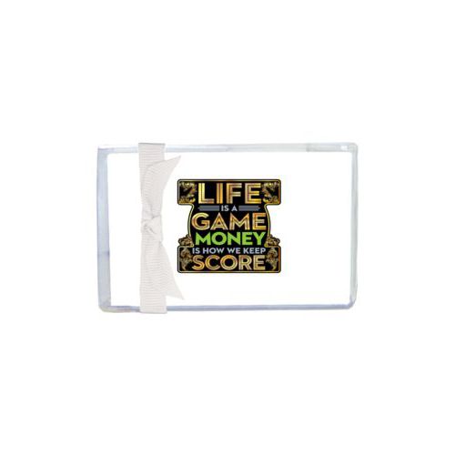 Personalized enclosure cards personalized with the saying "Life is a game, money is how we keep score"