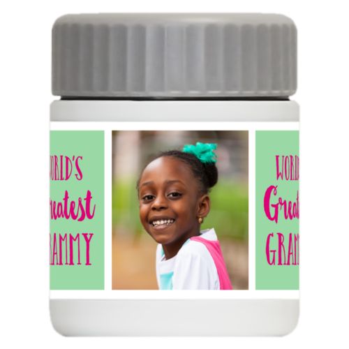 Personalized 12oz food jar personalized with a photo and the saying "World's Greatest Grammy" in pomegranate and spearmint