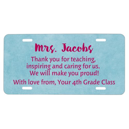 Personalized license plate personalized with teal chalk pattern and the saying "Mrs. Jacobs Thank you for teaching, inspiring and caring for us. We will make you proud! With love from, Your 4th Grade Class"