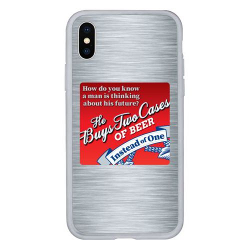 Personalized iphone case personalized with steel industrial pattern and the saying "How do you know a man is thinking about his future?"