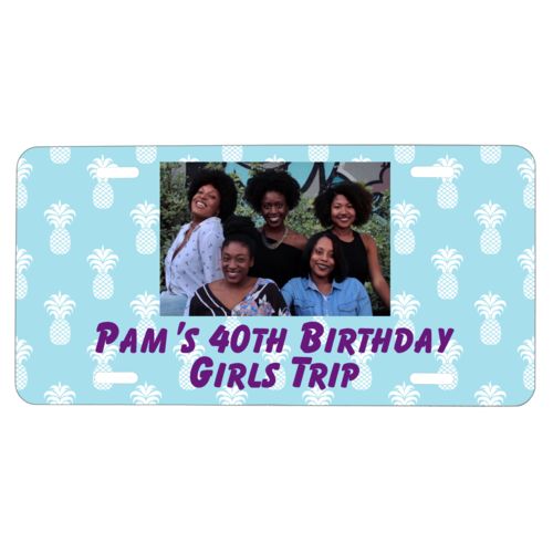 Personalized license plate personalized with welcome pattern and photo and the saying "Pam's 40th Birthday Girls Trip"