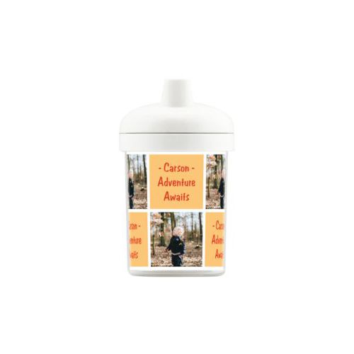 Personalized toddlercup personalized with a photo and the saying "- Carson - Adventure Awaits" in jewel - citrine and orange