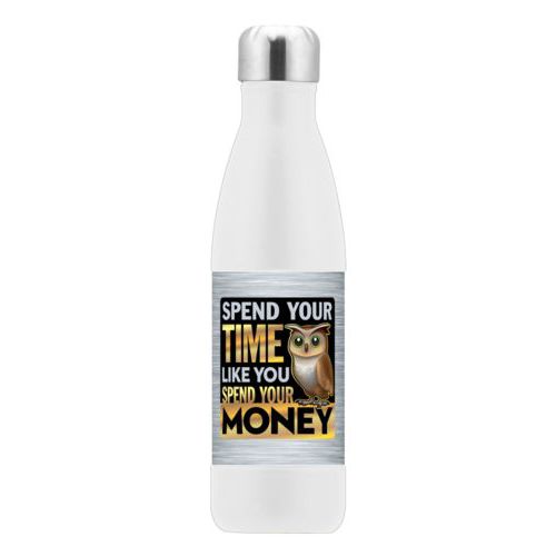 Stainless water bottle personalized with steel industrial pattern and the saying "Spend your time like you spend your money"