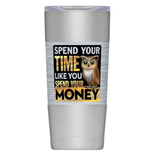 Personalized insulated steel mug personalized with steel industrial pattern and the saying "Spend your time like you spend your money"