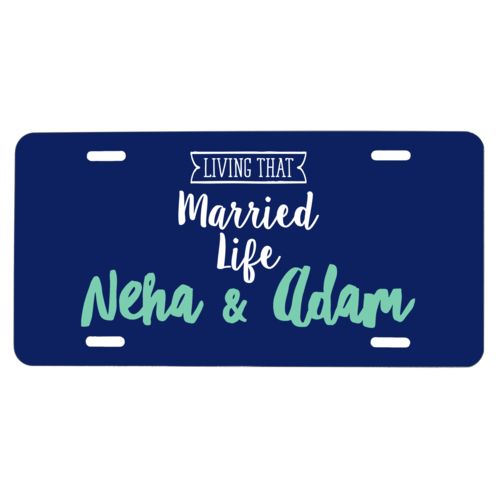 Custom license plate personalized with the sayings "Neha & Adam" and "living that married life"