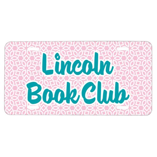 Custom license plate personalized with lattice pattern and the saying "Lincoln Book Club"