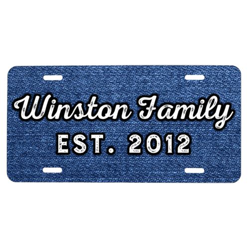 Custom plate personalized with denim industrial pattern and the saying "Winston Family Est. 2012"
