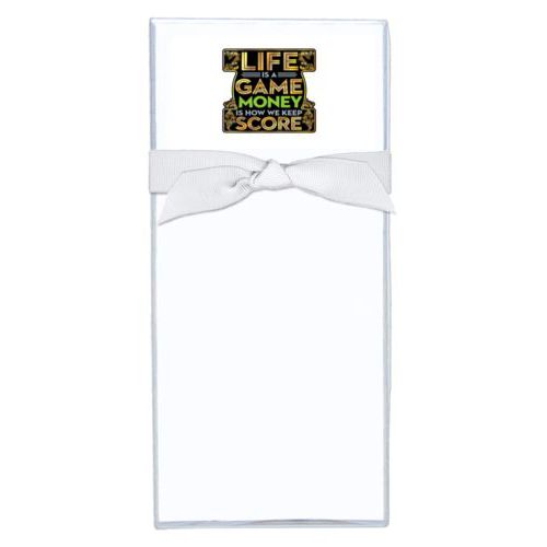 Personalized note sheets personalized with the saying "Life is a game, money is how we keep score"