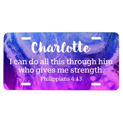 Personalized license plate personalized with ombre amethyst pattern and the saying "Charlotte I can do all this through him who gives me strength. Philippians 4:13"
