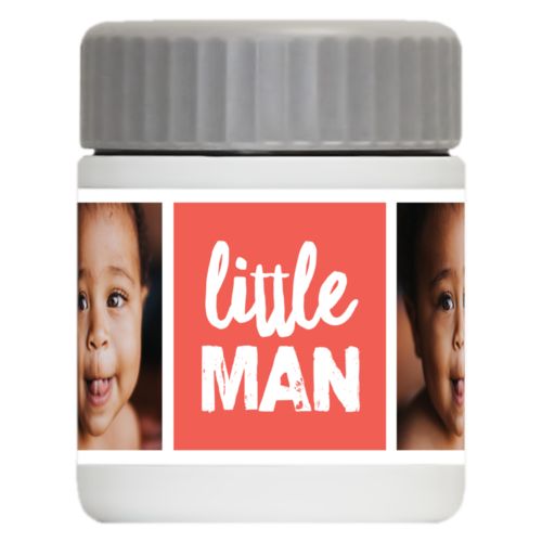 Personalized 12oz food jar personalized with a photo and the saying "little man" in flamingo and white