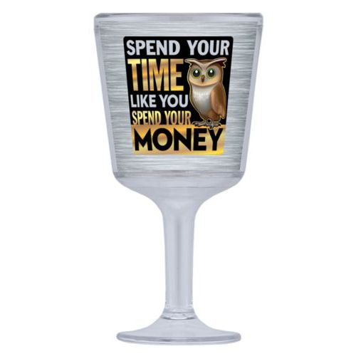 Personalized wine cup with straw personalized with steel industrial pattern and the saying "Spend your time like you spend your money"