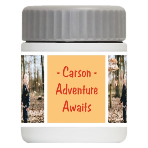 Personalized 12oz food jar personalized with a photo and the saying "- Carson - Adventure Awaits" in jewel - citrine and orange