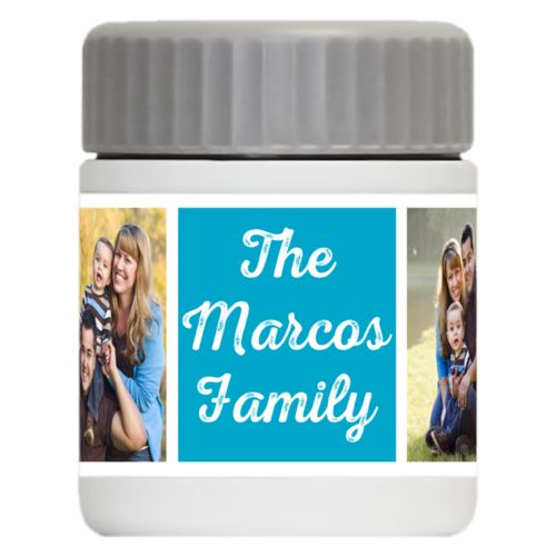 Personalized 12oz food jar personalized with photos and the saying "The Marcos Family" in juicy blue and white