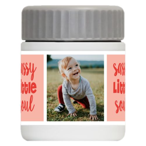 Personalized 12oz food jar personalized with a photo and the saying "sassy little soul" in red punch and papaya