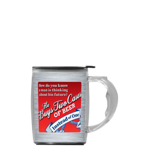 Custom mug with handle personalized with steel industrial pattern and the saying "How do you know a man is thinking about his future?"