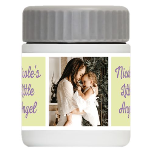 Personalized 12oz food jar personalized with a photo and the saying "Nicole's Little Angel" in grape purple and morning dew green