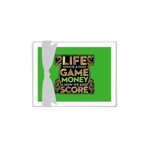 Personalized note cards personalized with the saying "Life is a game, money is how we keep score"