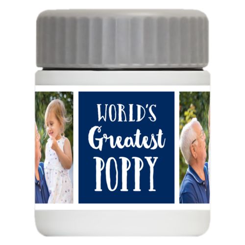 Personalized 12oz food jar personalized with a photo and the saying "World's Greatest Poppy" in navy blue and white