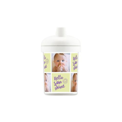 Personalized toddlercup personalized with a photo and the saying "hello sunshine" in grape purple and morning dew green