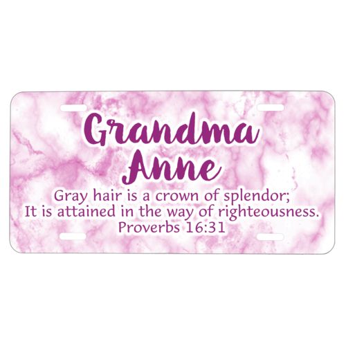 Custom car plate personalized with pink marble pattern and the saying "Grandma Anne Gray hair is a crown of splendor; It is attained in the way of righteousness. Proverbs 16:31"