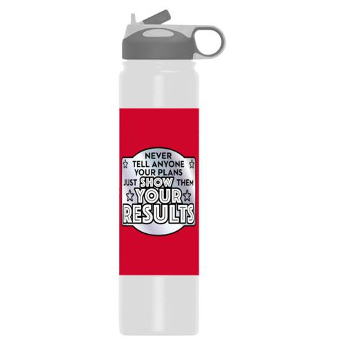 Personalized water bottle personalized with the saying "Never tell anyone your plans, just show them your results"