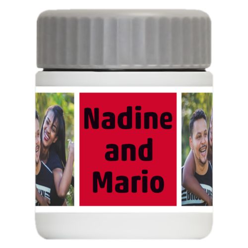 Personalized 12oz food jar personalized with a photo and the saying "Nadine and Mario" in black and apple red