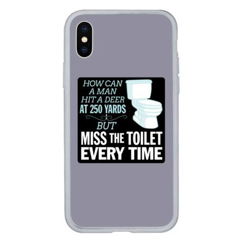Personalized iphone case personalized with the saying "How can a man hit a deer at 250 yards but keeps missing the toilet"