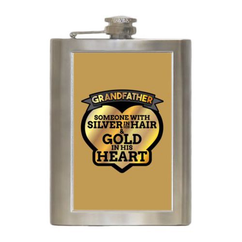 Personalized 8oz flask personalized with the saying "Grandfather: someone with silver in his hair and gold in his heart"