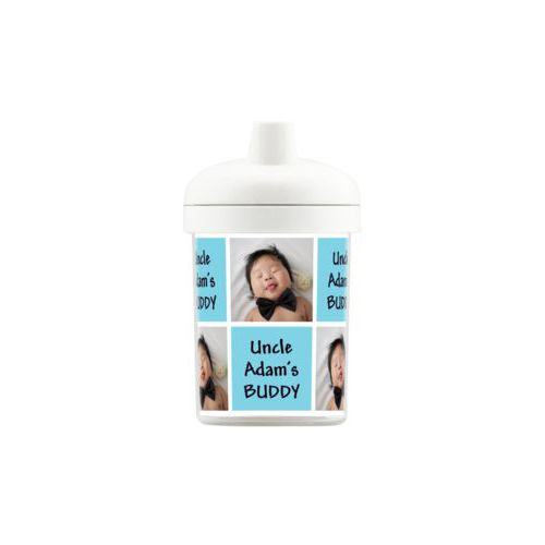 Personalized toddlercup personalized with a photo and the saying "Uncle Adam's BUDDY" in black and sweet teal