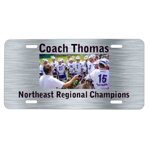 Personalized license plate personalized with steel industrial pattern and photo and the sayings "Coach Thomas" and "Northeast Regional Champions"