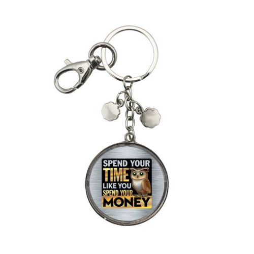 Personalized keychain personalized with steel industrial pattern and the saying "Spend your time like you spend your money"