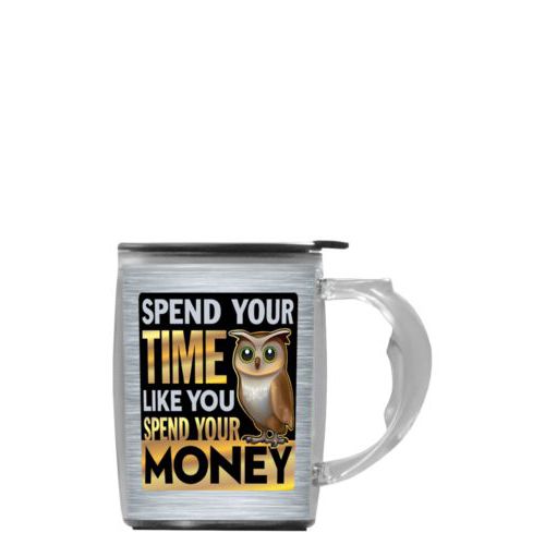 Custom mug with handle personalized with steel industrial pattern and the saying "Spend your time like you spend your money"